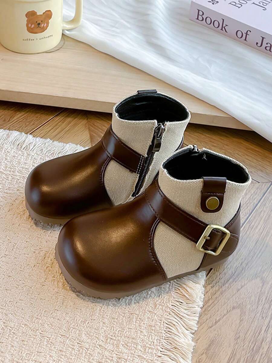 Girls' Vintage Colorblock Canvas Ankle Boots, Metal Buckle Round Toe Side Zipper Ankle Boots, British Retro Style Autumn Student Shoes - Brown - View 1
