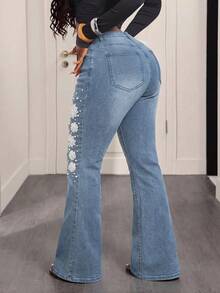 Plus Size Fashion Denim Flare Pants With Pearl And Floral Applique, Mid-Stretch, Long Zipper Fly - Blue - View 2