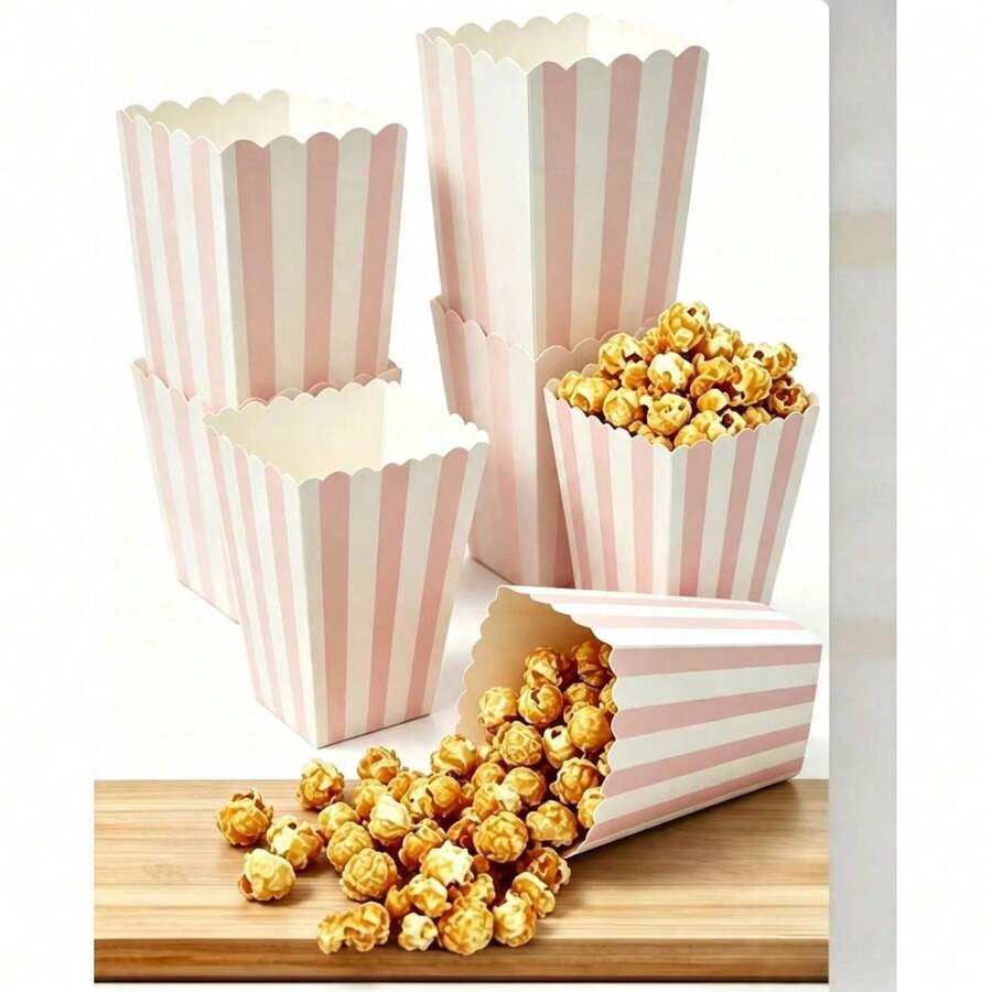 1/5/15/25/35/50/100pcs Pink & White Striped Popcorn Boxes, Birthday Party Snack Storage Boxes, Size: 5*7.2*11.5cm - View 1
