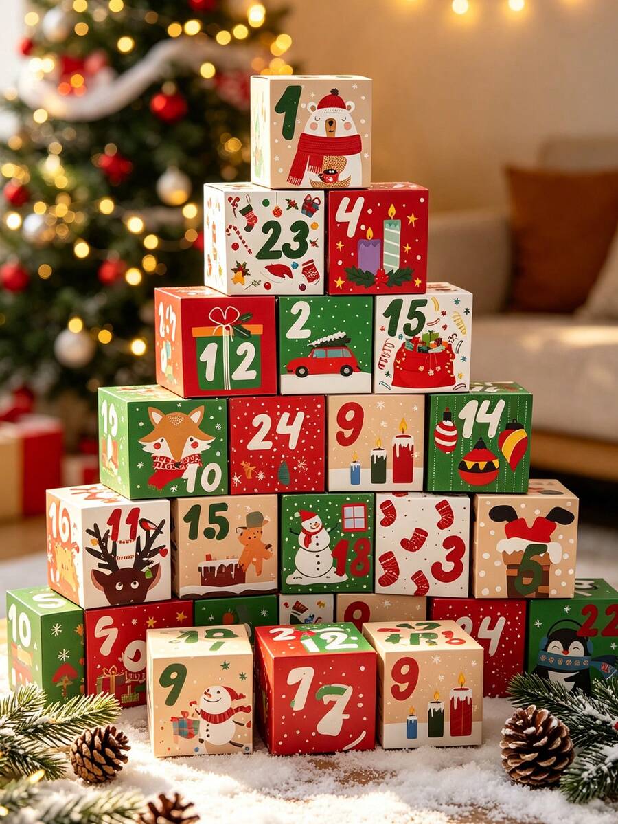 Kotak Hadiah Natal 24/12/1 buah, Kotak Kalender Advent DIY Edisi 2027, Hadiah Kalender Hitung Mundur 24 Hari, Kotak Karton Bernomor Natal untuk Dewasa, Kotak Kalender Advent yang Dapat Diisi dan Disesuaikan, Dekorasi Hadiah Natal, Hadiah Pengisi Kaos Kaki Natal - Berbagai gaya - View 1