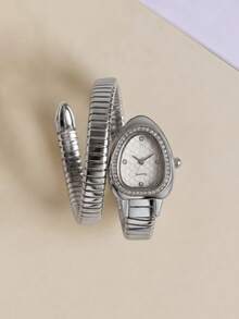 Women's Snake-Shaped Water Drop Quartz Watch, Rhinestone Bezel Elastic Band Wristwatch, Unique Bracelet Watch, Birthday Christmas Gift For Her - Silver - View 1