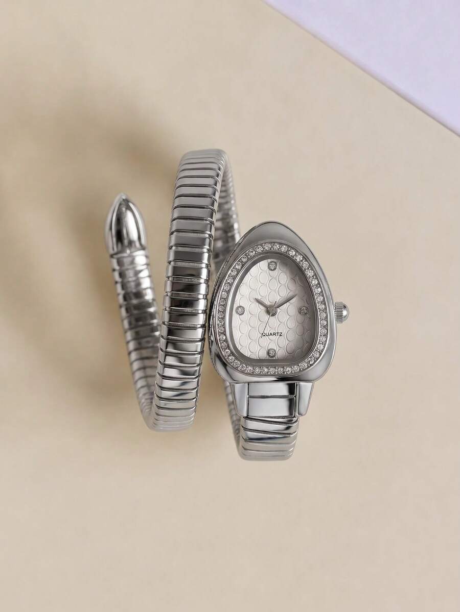 Women's Snake-Shaped Water Drop Quartz Watch, Rhinestone Bezel Elastic Band Wristwatch, Unique Bracelet Watch, Birthday Christmas Gift For Her - Silver - View 1