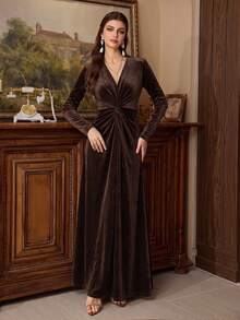Women's Charming Brown Knitted Long Sleeve Cocktail Dress, Overlap Collar Twisted Front High Slit, Elegant Formal Gown - Coffee Brown - View 6