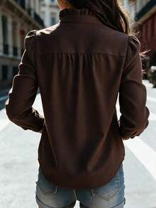 Women's Elegant Ruffle Collar Stand Collar Blouse, Puff Long Sleeve, Autumn/Winter Essential - Coffee Brown - View 3