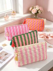 Striped Quilted Make Bag With Tassel Zipper, Large‑Capacity Makeup Pouch, Travel Toiletry Storage Organizer, Cash Coin Purse,Card Holder; Clutch Bag - Multicolor - View 4
