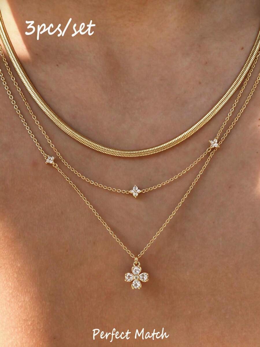 3pcs Women's Necklace Set, Gold Copper Inlaid CZ Fashion Minimalist Gold Heart & Clover Pendant Necklace Set, Suitable For Daily, Party, Holiday, Jewelry Gift - Gold - View 1