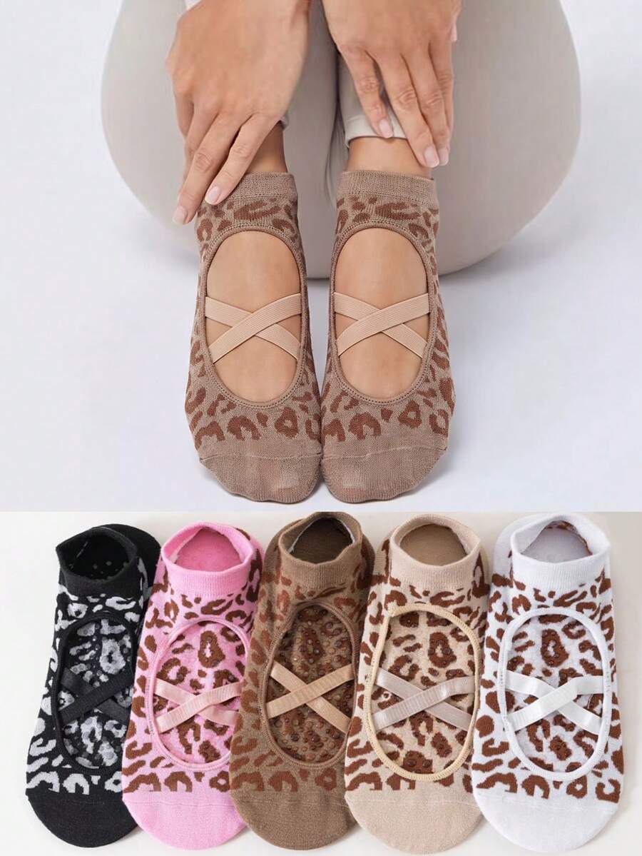 5 Pairs Leopard Print Cross Strap Yoga Socks For Women, Silicone Non-Slip Pilates Socks, Indoor Dance Fitness Floor Socks, Multi-Color - Multicolor - View 1