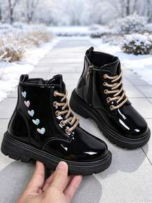 1 Pair Kids' Boots, Shiny PU + Colorful Heart Decor, Round Toe Soft Sole Height-Increasing Inner Zipper Design, Fashionable Cute Sweet Cool Biker Style Mid-Calf Leather Boots, Suitable For Daily, Holiday, School, Autumn/Winter New Style - Black - View 2