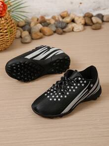Boys' Star Stripe Studded Soccer Shoes, Lace-Up Non-Slip Kids' Sports Field Training Football Shoes - Black - View 6