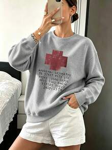 大尺碼女款時尚圓領運動衫，復古紅十字檔案數位圖案印花，秋冬日常街頭風女式上衣 - 灰色 - 查看 6