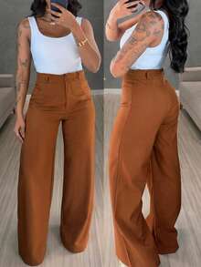 LUNNELUX Women Fall Brown Ruffle High Waist Wide Leg Pants, Button Zip Fly Trousers With Faux Pockets, Casual Daily Vacation Pants - Brick Red - View 1