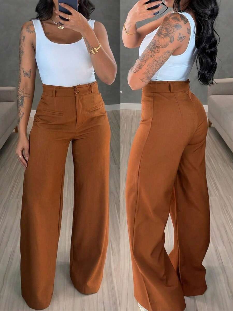 LUNNELUX Women Fall Brown Ruffle High Waist Wide Leg Pants, Button Zip Fly Trousers With Faux Pockets, Casual Daily Vacation Pants - Brick Red - View 1