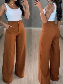 LUNNELUX Women Fall Brown Ruffle High Waist Wide Leg Pants, Button Zip Fly Trousers With Faux Pockets, Casual Daily Vacation Pants - Brick Red - View 9
