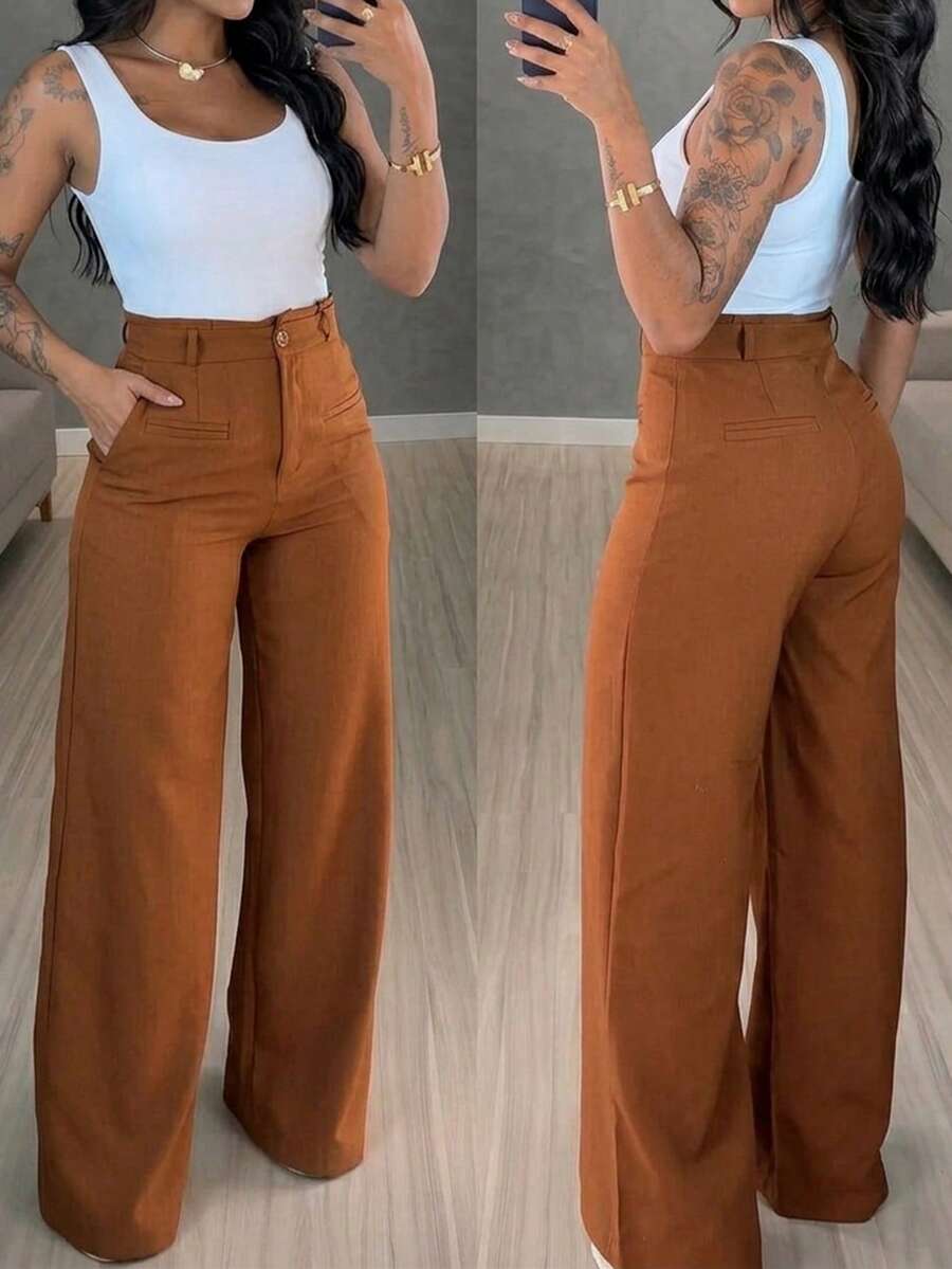 LUNNELUX Women Fall Brown Ruffle High Waist Wide Leg Pants, Button Zip Fly Trousers With Faux Pockets, Casual Daily Vacation Pants - Brick Red - View 1