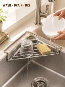 1/2pcs Stainless Steel Sink Drain Rack, Triangle Sink Storage Box, Space-Saving, For Holding Sponges, Dish Soap, Dishcloths, Brushes, Sponges, Kitchen Countertop Organizer, Home Kitchen Supplies - View 4