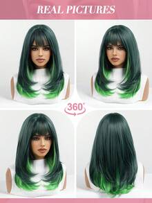 Topshe 18 Inch Medium Length Layered Straight Hair Women's Wig, Dark Green Base With Bright Green Gradient, Full Bangs, Heat-Resistant Synthetic Fiber, Suitable For Anime Cosplay, Halloween, Festival, Nightclub And Short Video Shooting - Piano Color - View 10