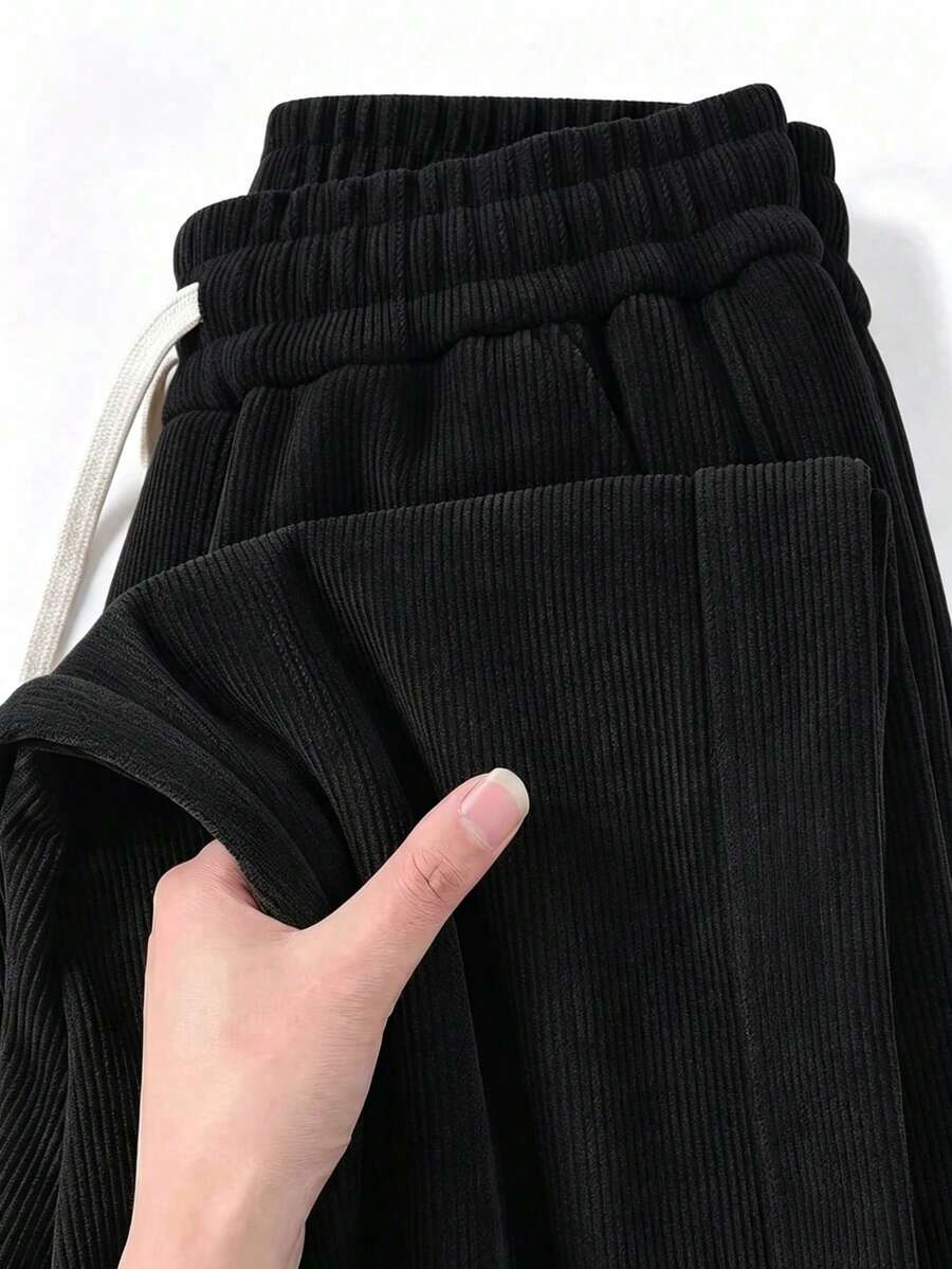 1pc Men's Corduroy Drawstring Waist Wide Leg Casual Sports Pants, Suitable For Outdoor Activities - Black - View 1