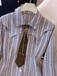 Vintage Inspired Women's Short Shirt With Long Sleeves, Striped Pattern, Shirt Collar, And Unique Asymmetrical Hem With Chain Accent - Blue - View 2