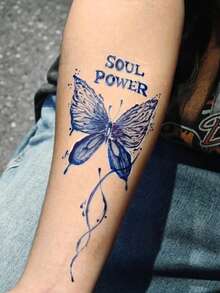 1pc Temporary Tattoo Sticker, Blue Ink Wash Butterfly With Inspirational Text & Ink Splatter Lines Pattern, Realistic Fake Tattoo Design, Suitable For Daily, Bachelorette Party Favors, Music Festivals, Cosplay, Graduation Gifts, Lasts 3-5 Days - Multicolor - View 4
