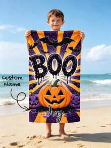 منشفة شاطئ مخصصة باسم بتصميم هالوين Boo مع اليقطين والخفافيش، منشفة ناعمة سريعة الجفاف أحادية الجانب، تصميم هالوين مخيف للشاطئ والمسبح والسفر والتخييم، هدية للأطفال - متعدد الألوان - مشاهدة 1