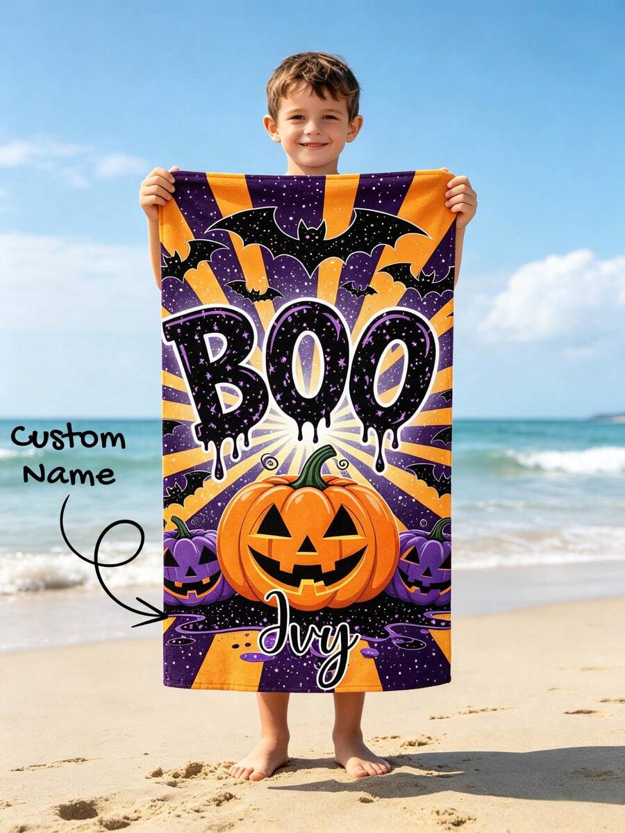 منشفة شاطئ مخصصة باسم بتصميم هالوين Boo مع اليقطين والخفافيش، منشفة ناعمة سريعة الجفاف أحادية الجانب، تصميم هالوين مخيف للشاطئ والمسبح والسفر والتخييم، هدية للأطفال - متعدد الألوان - مشاهدة 1