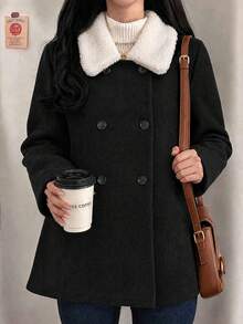 Women's Autumn/Winter Black Wool Mid-Length Coat, Lambswool Collar, Double-Breasted, A-Line Loose Fit - Black - View 6
