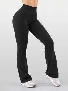 Women's Ribbed Seamless High Waist Flare Yoga Leggings - Black - View 6