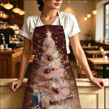 1pc Soft Pink Christmas Tree Print Apron - Sleeveless Design, Durable And Comfortable Fit, Featuring Vintage Christmas Tree, Bow, Berry Gift Box And Snowflake Pattern, Suitable For Cooking, Baking And Home Cleaning, Household Cleaning, Housework Apron, Hand-Painted Holiday Gardening Apron, Fun Christmas Holiday Gift - Multicolor - View 1