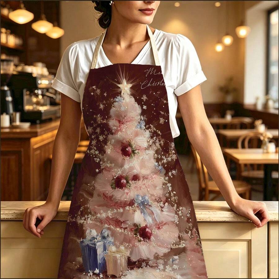 1pc Soft Pink Christmas Tree Print Apron - Sleeveless Design, Durable And Comfortable Fit, Featuring Vintage Christmas Tree, Bow, Berry Gift Box And Snowflake Pattern, Suitable For Cooking, Baking And Home Cleaning, Household Cleaning, Housework Apron, Hand-Painted Holiday Gardening Apron, Fun Christmas Holiday Gift - Multicolor - View 1