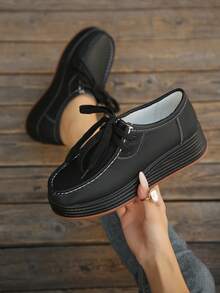 Women's Wedge Heel Thick Sole Loafers, Retro Leather Upper, Versatile Round Toe Front Lace-Up Casual Sneakers, Solid Color - Black - View 2