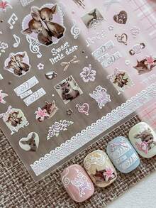 1 Sheet Embossed Sweet Deer Nail Stickers, Cute Cartoon Fawn Bow Floral Self-Adhesive Nail Decals, Autumn Winter Nail Art Decorations - Multicolor - View 5