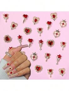 30pcs 3D Nail Art Decorations, Suitable For Nail Art, 3D Decoration Set, Gold Base Rivets, Colorful Red Heart Nail Rhinestones And Crystals, Suitable For Acrylic Nails, DIY Nail Gems, Nail Art Supplies Nail Art Accessories - Multicolor - View 3