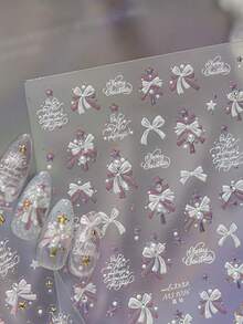 1pc 5D Crystal Christmas Ribbon Tree Nail Stickers, Christmas Tree Bow, Shiny Bow, Exquisite Stars & English Artistic Font Merry Christmas, Adhesive Nail Decals - Multicolor - View 2