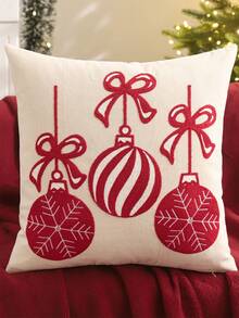 1 buah/2 buah Sarung Bantal Dekoratif Natal Bordir Kanvas Pita Lonceng Sofa Ruang Tamu Kamar Tidur Dekorasi Rumah Pesta Hadiah Liburan - Merah - View 8