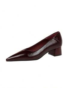 BIGTREE European And American Minimalist Pointed Toe Chunky Heel Pumps, Versatile Low Vamp Slip-On Comfortable Commute Mid-Heel High Heels For Women - Burgundy - View 9
