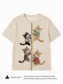 Cute Cartoon Cat Felt Print Women's Casual Round Neck Short Sleeve T-Shirt, Spring And Summer White - White - View 3
