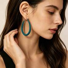 Bright Yellow Matte Large Hoop Earrings, Minimalist Oval Frosted Hoop Earrings, Exaggerated Earrings For Women's Summer Vacation And Party - Multicolor - View 9