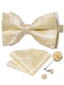 Men's Business Formal Pre-Tied Bow Tie 4-Piece Set, Cream Gold Paisley Jacquard Handkerchief, Cufflinks And Lapel Pin - Beige - View 1