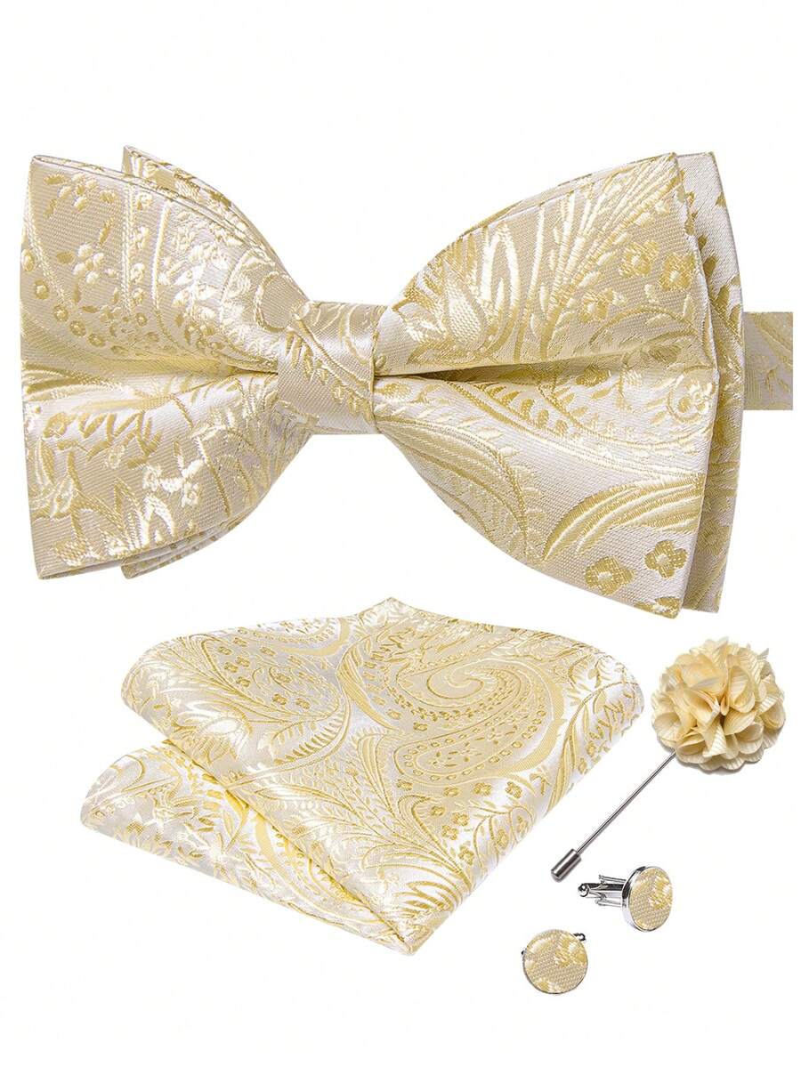 Men's Business Formal Pre-Tied Bow Tie 4-Piece Set, Cream Gold Paisley Jacquard Handkerchief, Cufflinks And Lapel Pin - Beige - View 1