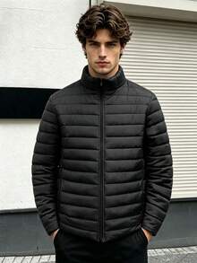 Men's Long Sleeve Solid Color Thick Padded Coat, Middle-Aged Padded Coat , Fall Winter - Black - View 1