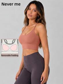 Never me Women's Sports Bra With Cross Straps, Removable Pads, For Running, Fitness, Yoga - Pink - View 3