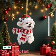 1pc 2D Flat Acrylic Pendant Maltese Dog Pattern Christmas Decoration, Christmas Tree Ornament, Holiday Decor, Acrylic Decorative Pendant, Car Rearview Mirror Decoration, Bag And Keychain Accessory, No Power Required, Christmas Hanging Ornament, Christmas Gift - A - View 1