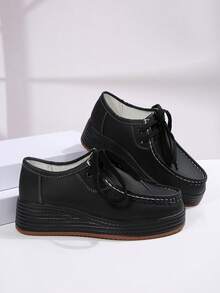Women's Wedge Heel Thick Sole Loafers, Retro Leather Upper, Versatile Round Toe Front Lace-Up Casual Sneakers, Solid Color - Black - View 8