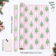 17in*9.8ft Pink Christmas Wrapping Paper Roll, Vintage Christmas Tree Gift Wrapping Paper With Bow Ribbon And Striped Pattern, Holiday Wrapping Paper For Christmas Gifts, Party Decor And DIY Crafts - 9.8FT - View 4