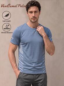 Vancamel Pulse Men's T-Shirt, Minimalist Mesh Short Sleeve, Running Exercise Sports T-Shirt, Solid Color Versatile Casual Style T-Shirt Summer - Blue - View 1