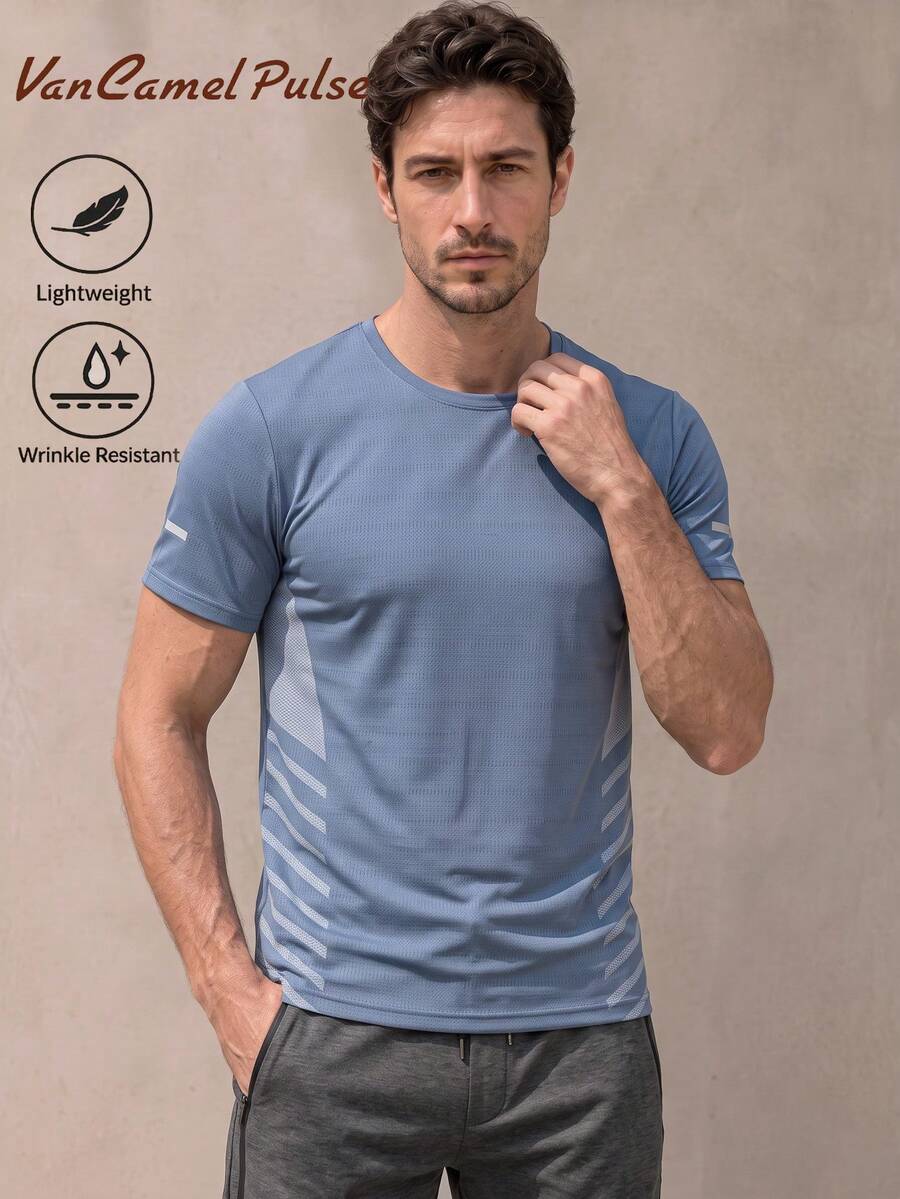 Vancamel Pulse Men's T-Shirt, Minimalist Mesh Short Sleeve, Running Exercise Sports T-Shirt, Solid Color Versatile Casual Style T-Shirt Summer - Blue - View 1