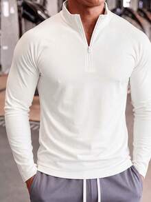 Men's Spring/Autumn Fashion Versatile Solid Color Raglan Sleeve Zip-Up Collar Long Sleeve T-Shirt - White - View 2