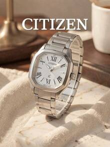 CITIZEN Ladies -Drive Controlled Watch Polished Square Tonneau Steel Bracelet Cream Sunburst Dial Roman Numerals Elegant Dress Watch - Silver - View 6