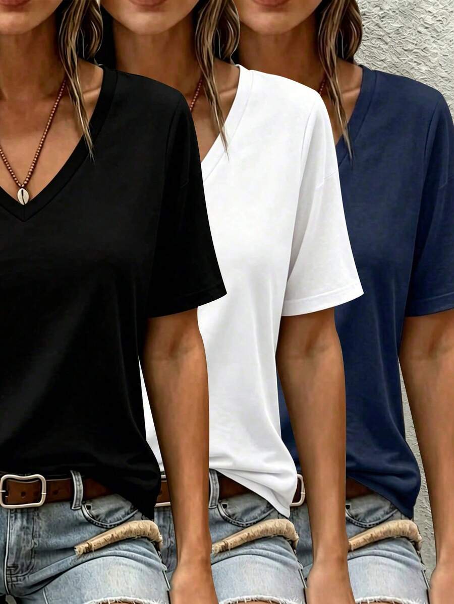 Lot de 3 hauts d'été décontractés unicolore à col en V, coupe ample et manches courtes – convient pour les trajets quotidiens, les costumes d'Halloween et les tenues d'automne pour femmes - Blanc, noir et bleu marine - Voir 1
