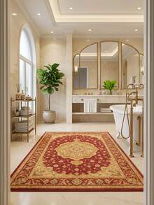 1PC Burgundy & Gold Classical Floral Area Rug, European Palace Style Faux Cashmere Rectangular Vintage Totem, Machine Washable For Living Room Bedroom Daily Home Decor, Aesthetic Home Decoration - Multicolor - View 4